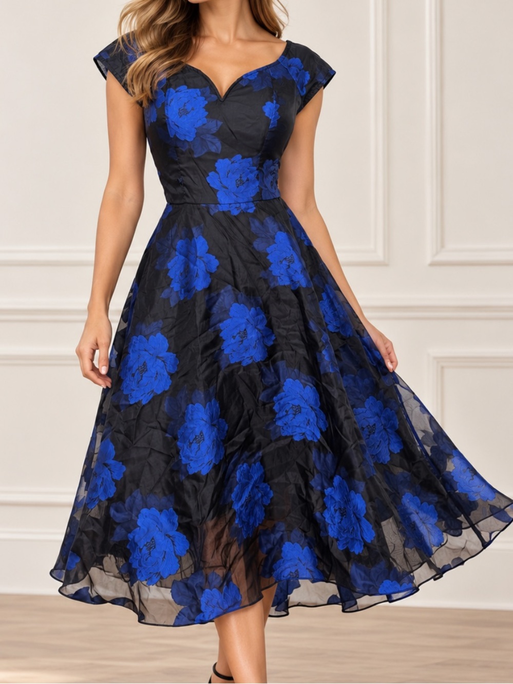 NWT Chi Chi London Black Royal Blue Arianna Floral Fit & Flare Party Dress